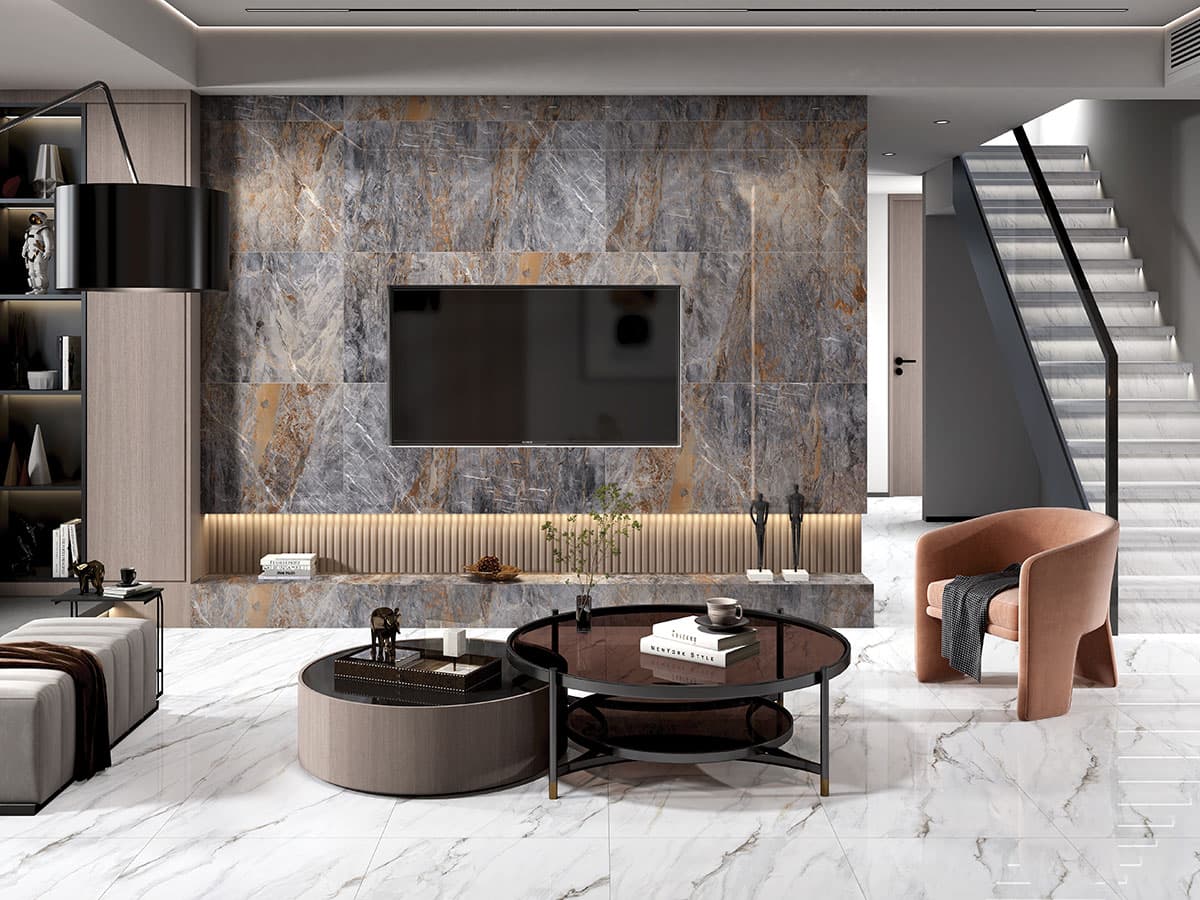 Modern TV Unit Design for Living Room With Stylish Tiles